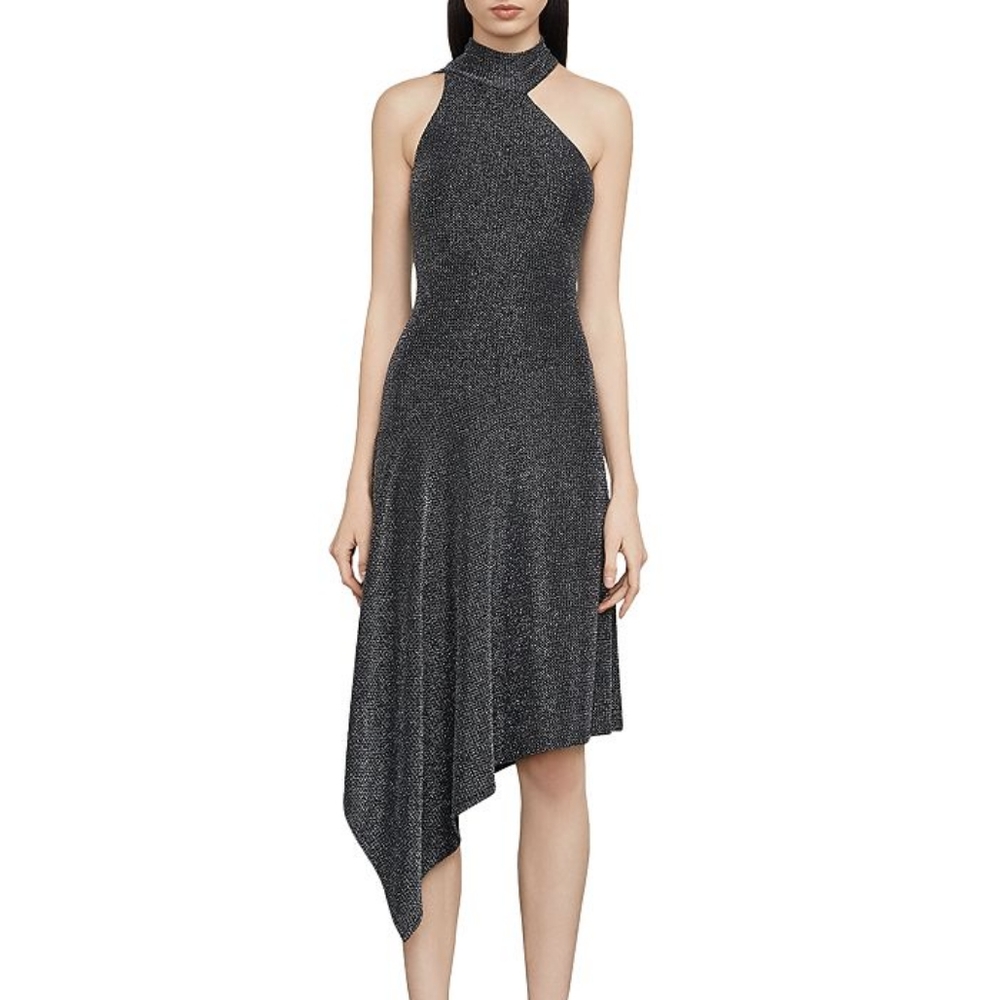 BCBGMaxazria | NWT Rivas Metallic Asymmetric Dress Black Silver Small